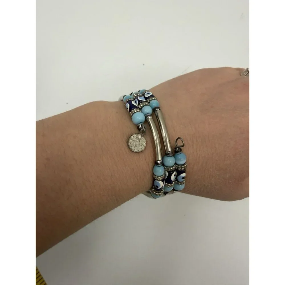 Vintage Silver Tone Layer Blue  Round & Barrel Beaded Bracelet